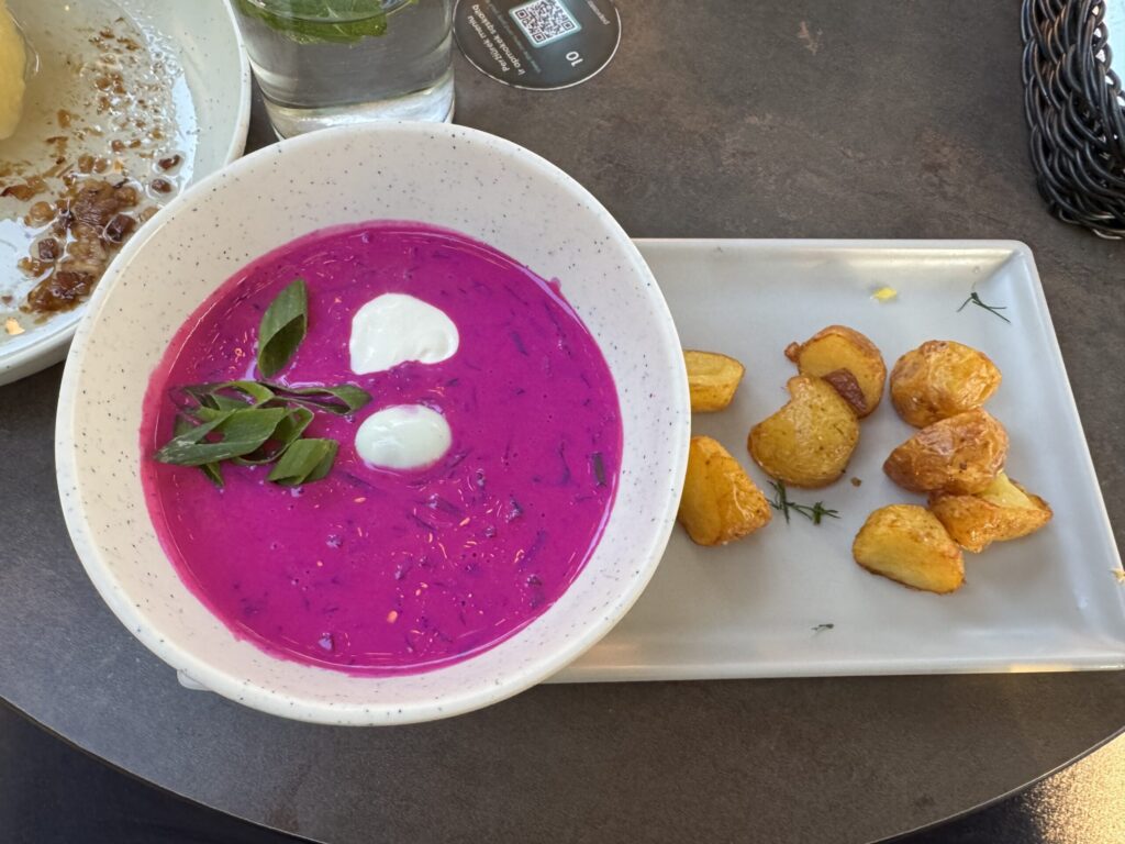 Studená polévka šaltibarščiai v restauraci Katpėdėlė