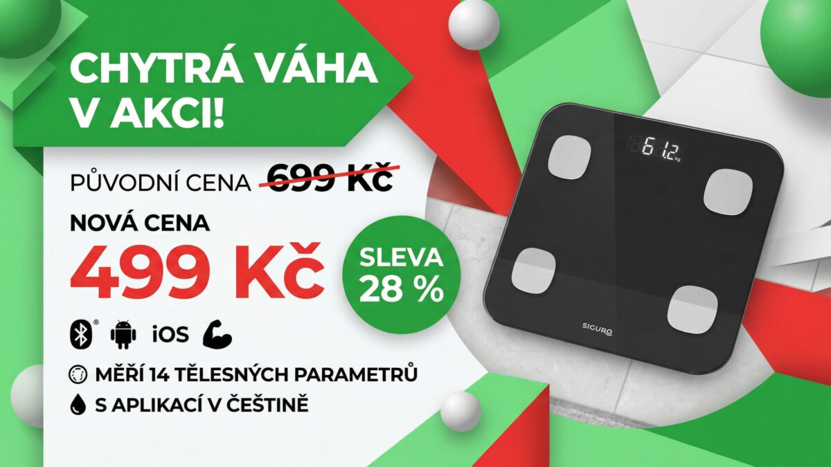Chytrá osobní váha Siguro zlevnila na 499 Kč. Měří čtrnáct tělesných parametrů a má aplikaci