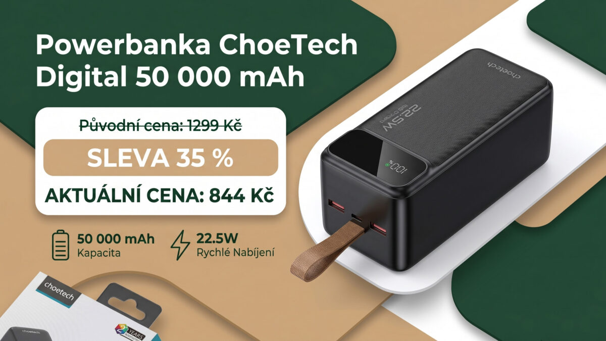 Powerbanka ChoeTech Digital s kapacitou 50000 mAh je s kódem o 35 % levnější. Stojí jen 844 Kč
