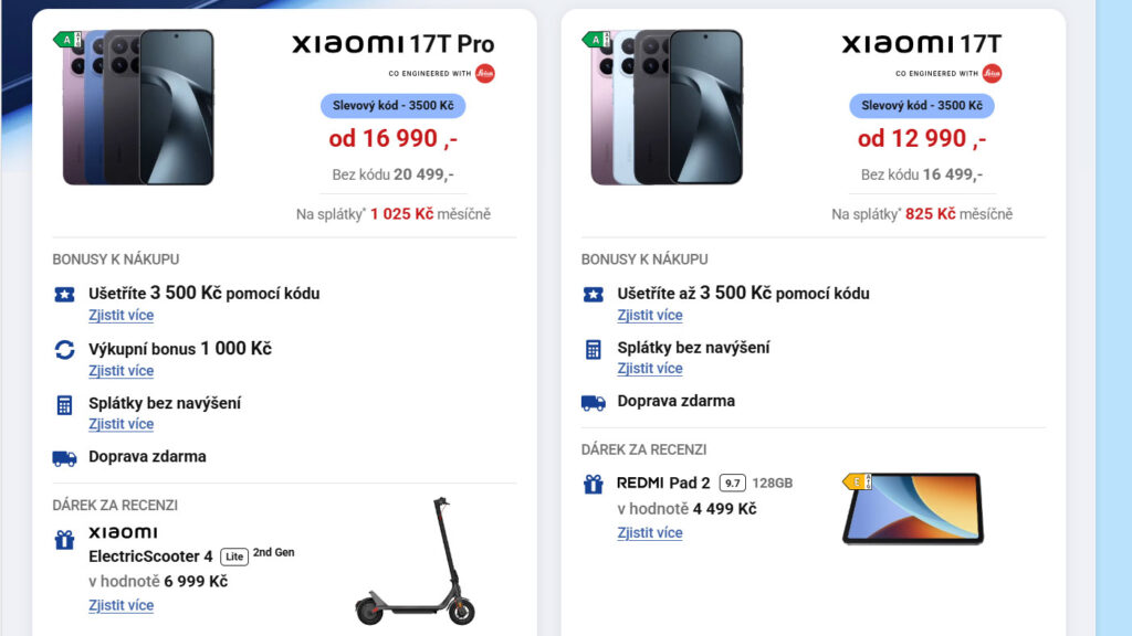 Nové Xiaomi 17T a 17T Pro můžete mít se slevou až 3500 Kč. K tomu jako dárek koloběžku nebo tablet