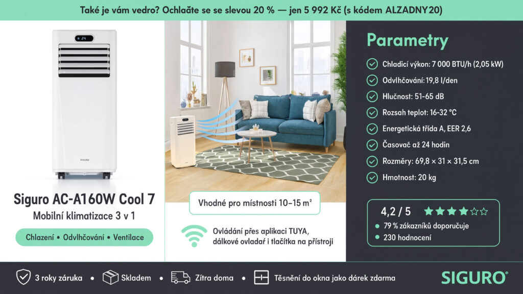 Také je vám vedro? Ochlaďte se! Mobilní klimatizace Siguro nyní stojí se slevou 20 % jen 5992 Kč