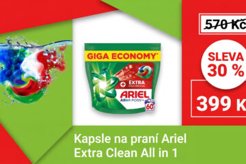 Kapsle na praní Ariel Extra Clean koupíte v akci o 30 % levněji. Jedno praní vás tak vyjde na 6,65 Kč