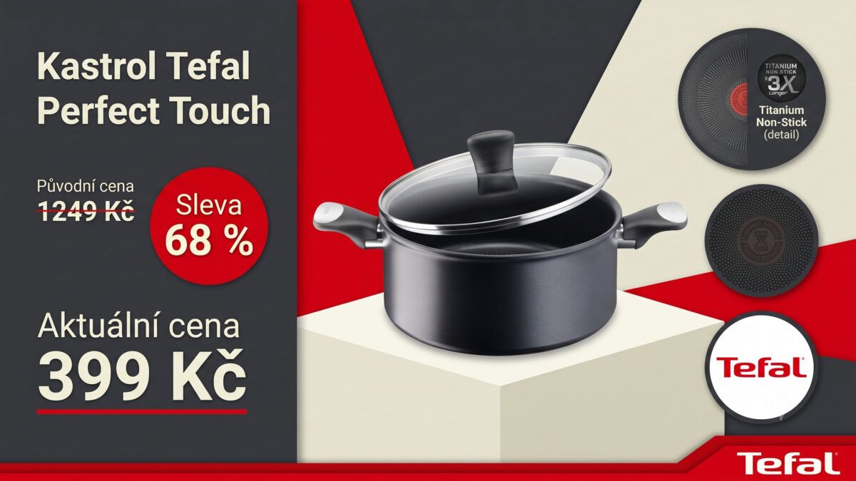 Kastrol Tefal je v akci se slevou 68 %. Místo 1249 Kč stojí 399 Kč a funguje na všech varných deskách