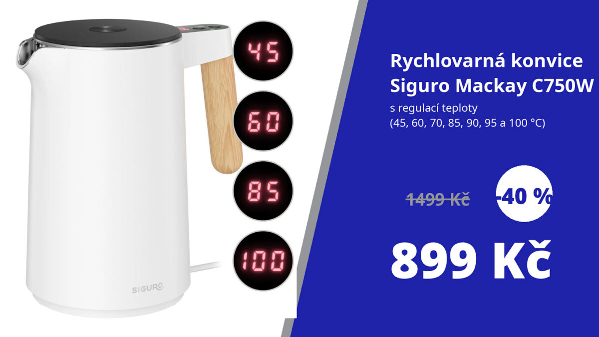 Rychlovarná konvice Siguro s regulací teploty zlevnila o 40 %. Za 899 Kč získáte bleskový ohřev