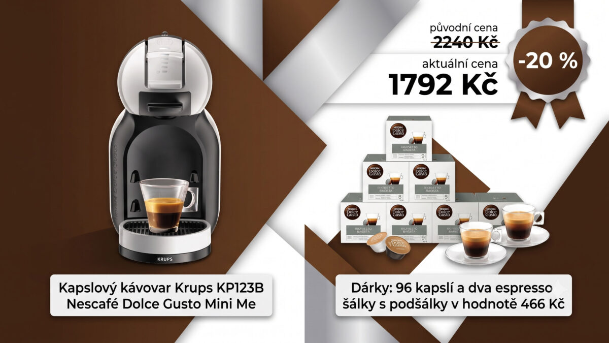 Kávovar Krups je s kódem o 20 % levnější. Set za 1792 Kč obsahuje kávovar, 96 kapslí a dárek za 466 Kč