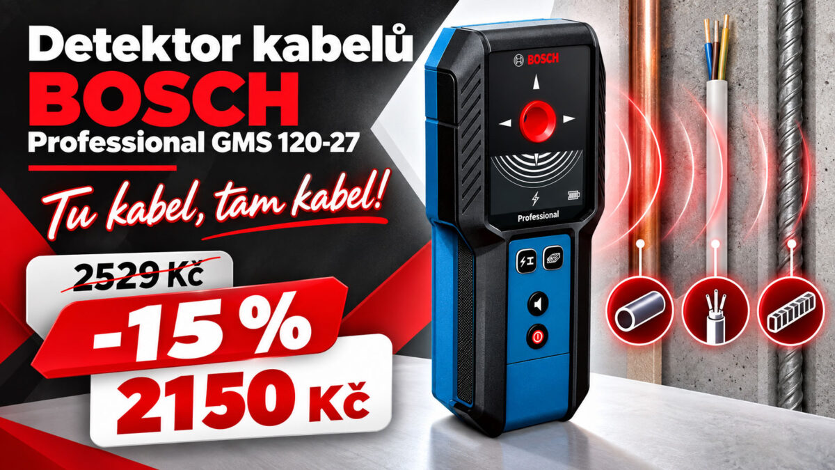 Detektor kabelů BOSCH je v akci o 15 % levnější. Za 2150 Kč se nemusíte bát drátů ve zdech či stropě