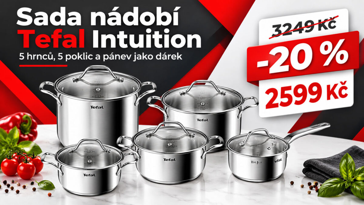 Sada nádobí Tefal Intuition zlevnila o 20 %. Za 2599 Kč dostanete pět nerezových hrnců s pokličkami