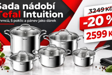 Sada nádobí Tefal Intuition zlevnila o 20 %. Za 2599 Kč dostanete pět nerezových hrnců s pokličkami