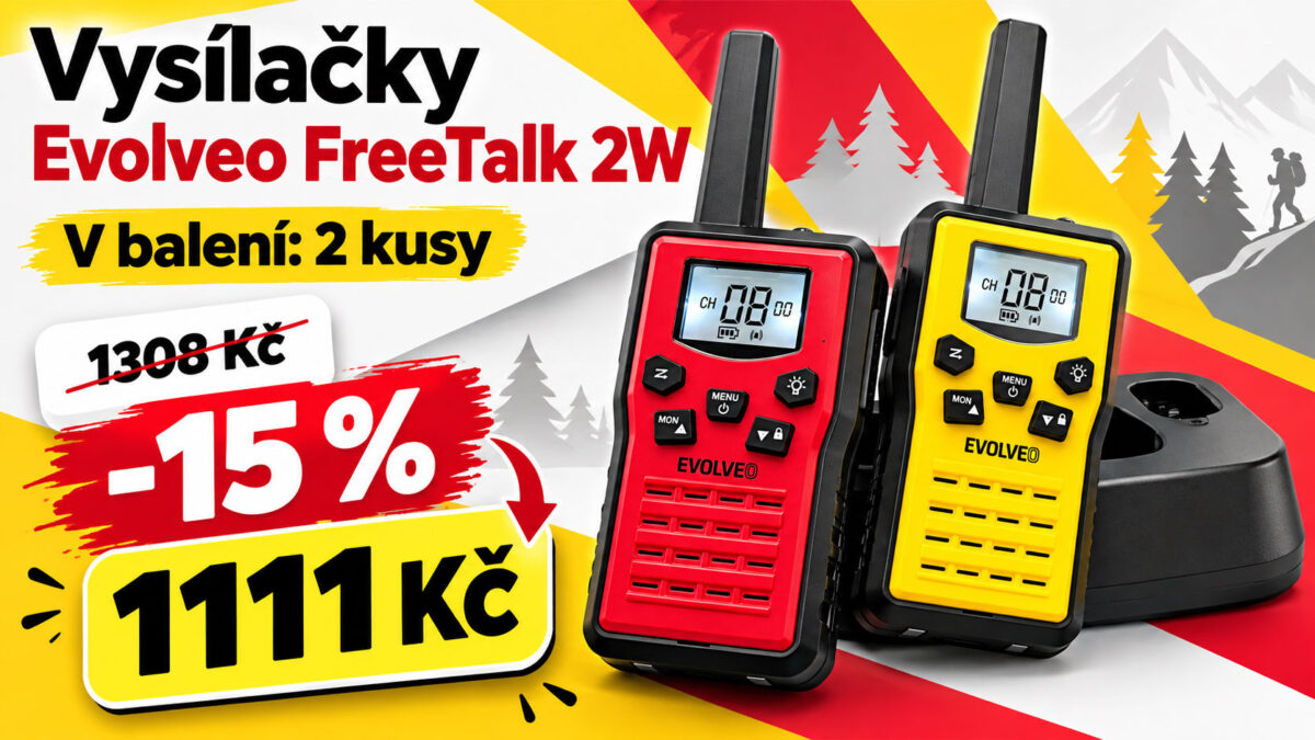 Dvě vysílačky Evolveo FreeTalk 2W zlevnily o 15 %. Za 1111 Kč nabídnou dosah až 15 kilometrů